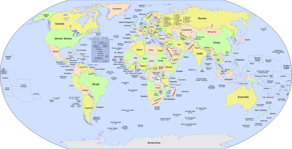 欧米中心の世界地図 - 英語・中国語: 世界の国名 一覧 【中国語ピンイン付き】